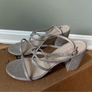 NWOB Stuart weitzman barelythere 75‎ block sandle poudre silver heels size 6.5B